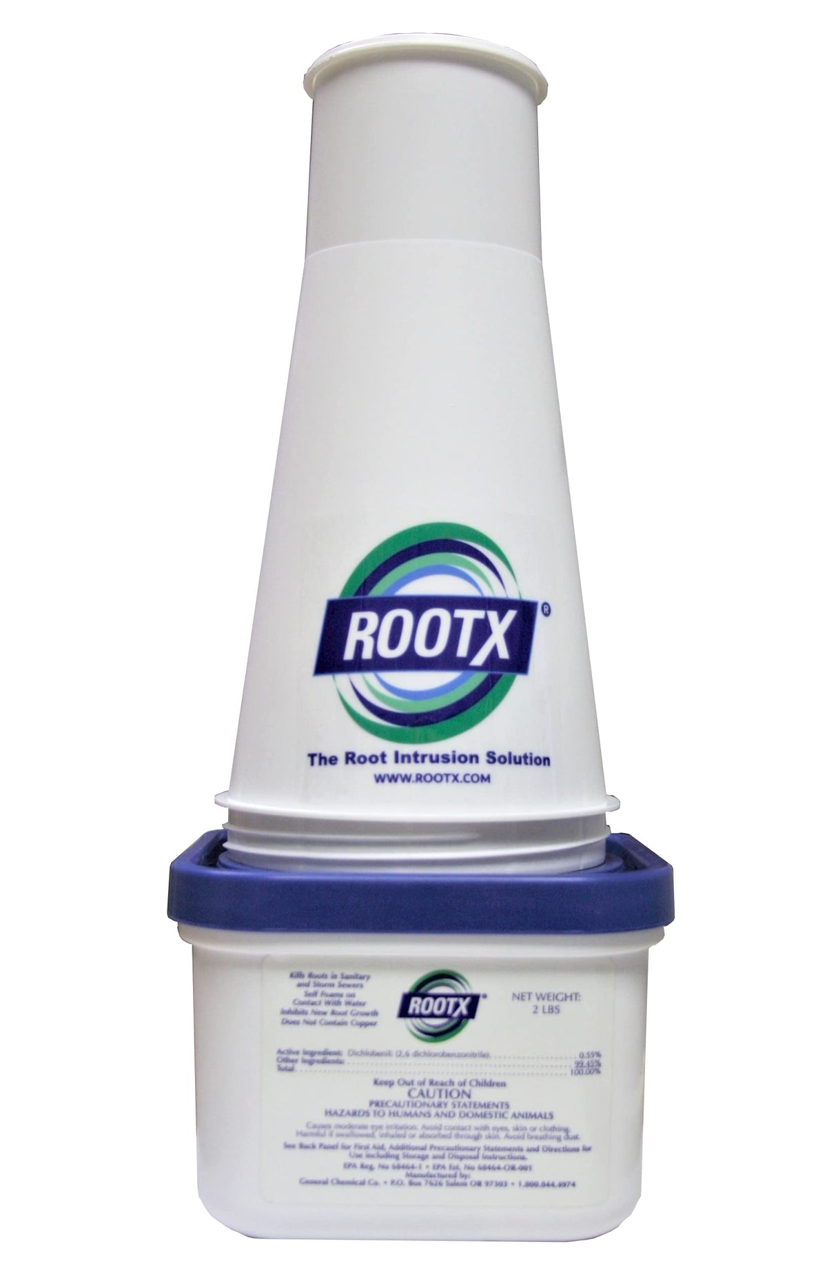 RootX 2lb jar with funnel applicator pouring to treat sewer line roots.