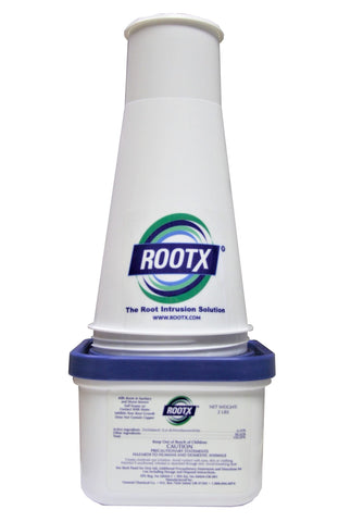 RootX 2lb jar with funnel applicator pouring to treat sewer line roots.