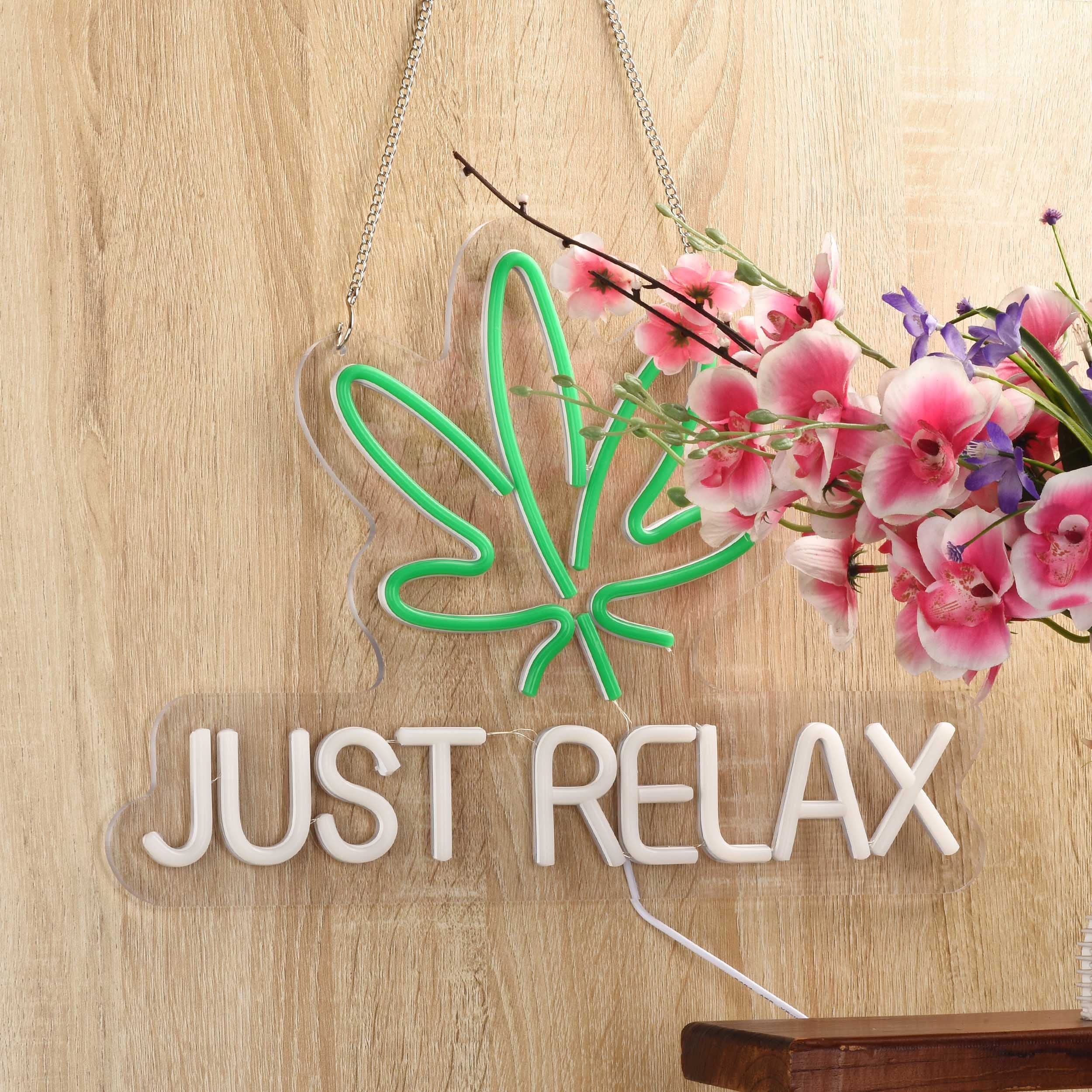 Roouneon Just Relax neon sign USB powered for easy setup.