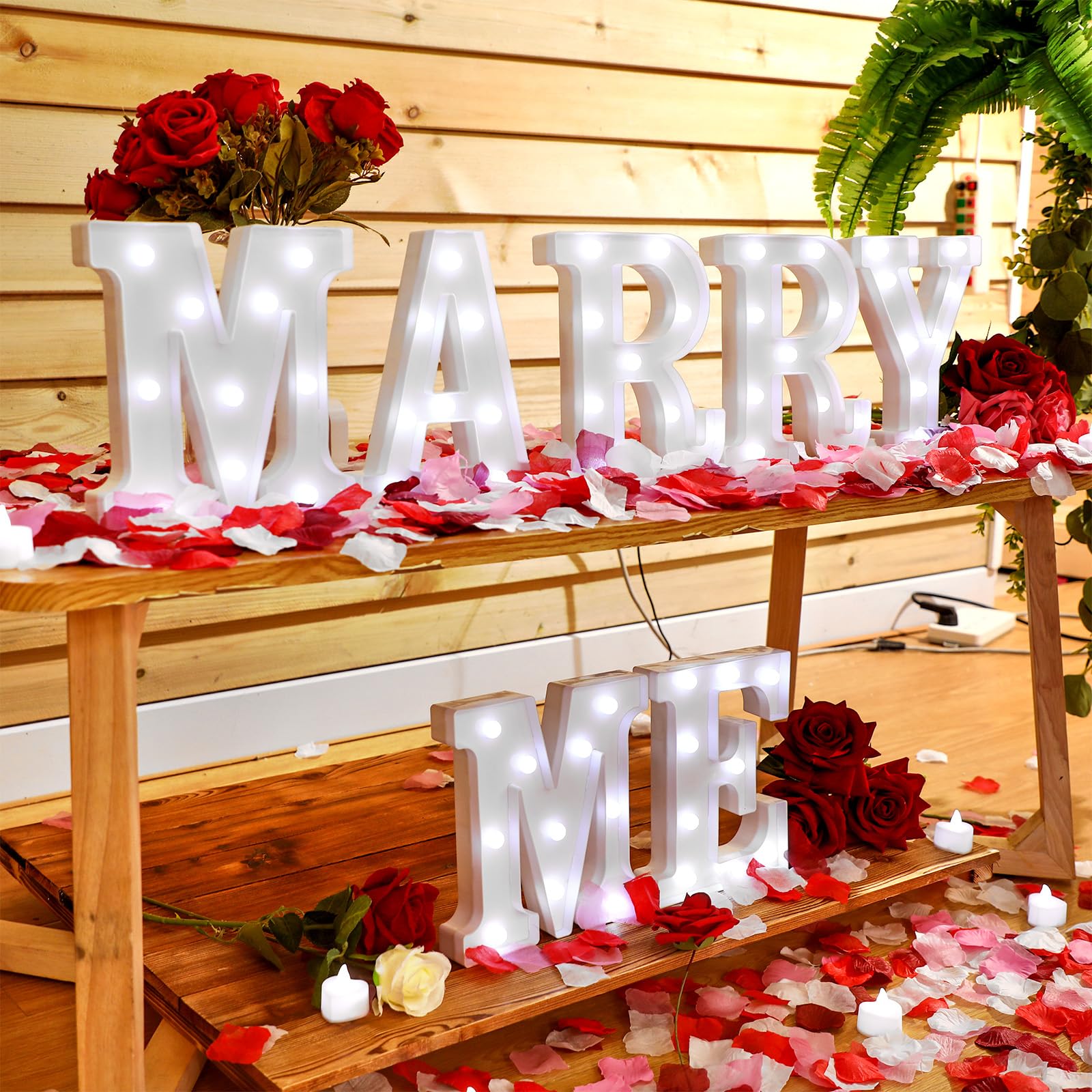 Roowest Marry Me light letters create a romantic 7-piece sign for proposals