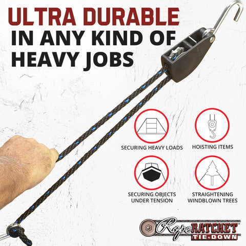 Rope Ratchet 250 lb capacity system highlighting rugged strength for heavy duty hoists.