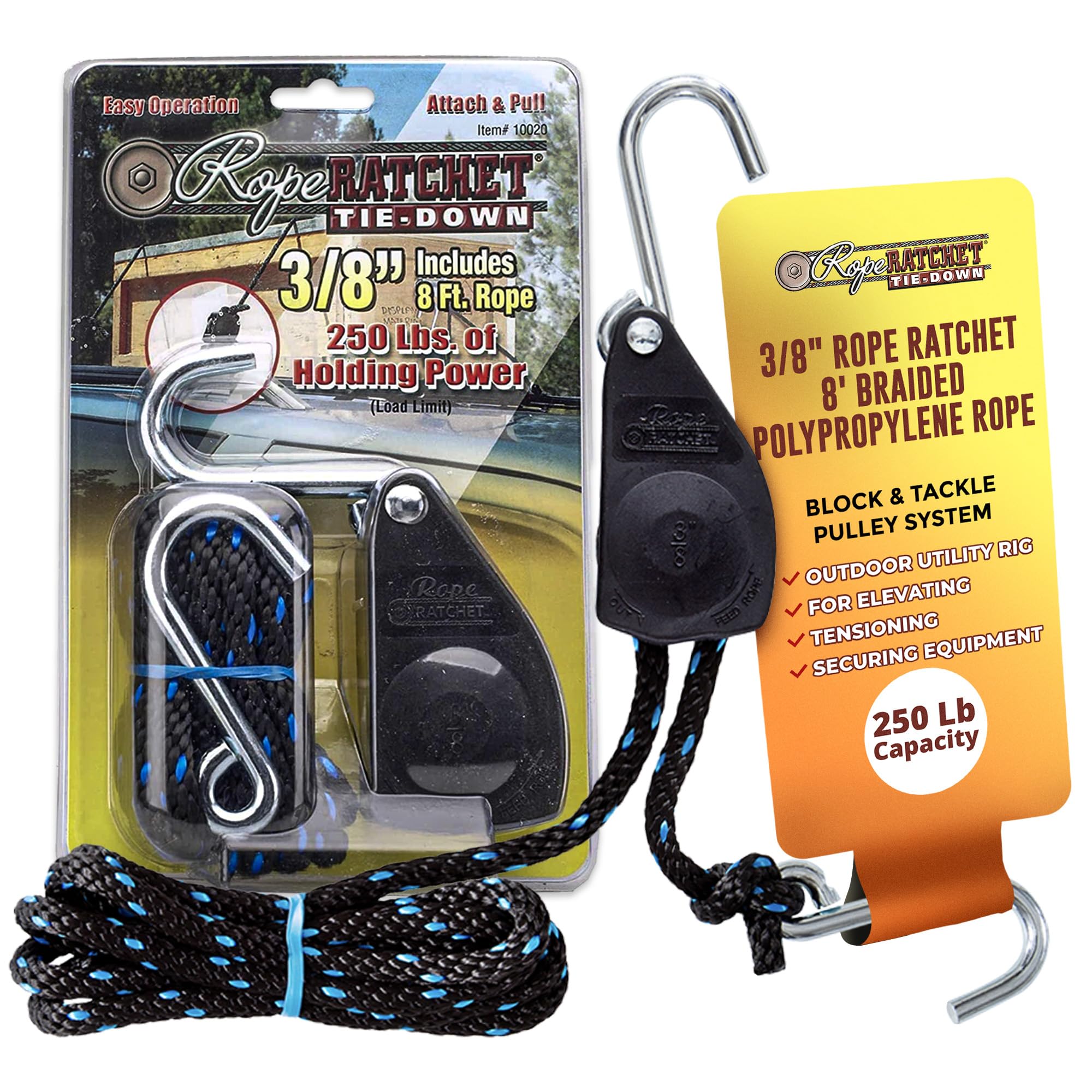 Rope Ratchet 3/8 inch block and tackle system in action for controlled lifting.