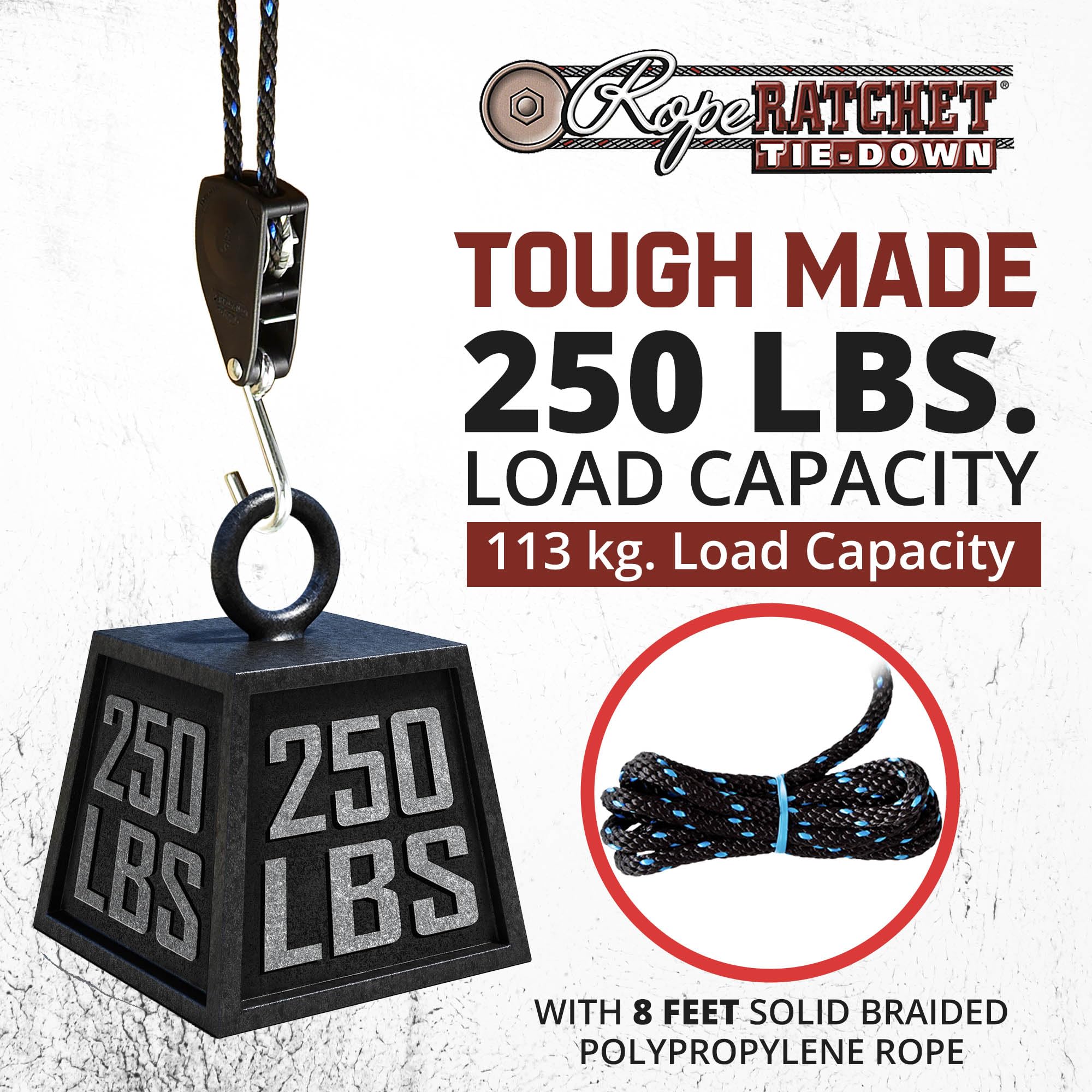 Rope Ratchet 8 ft braided rope shown for reliable tension during hoisting.