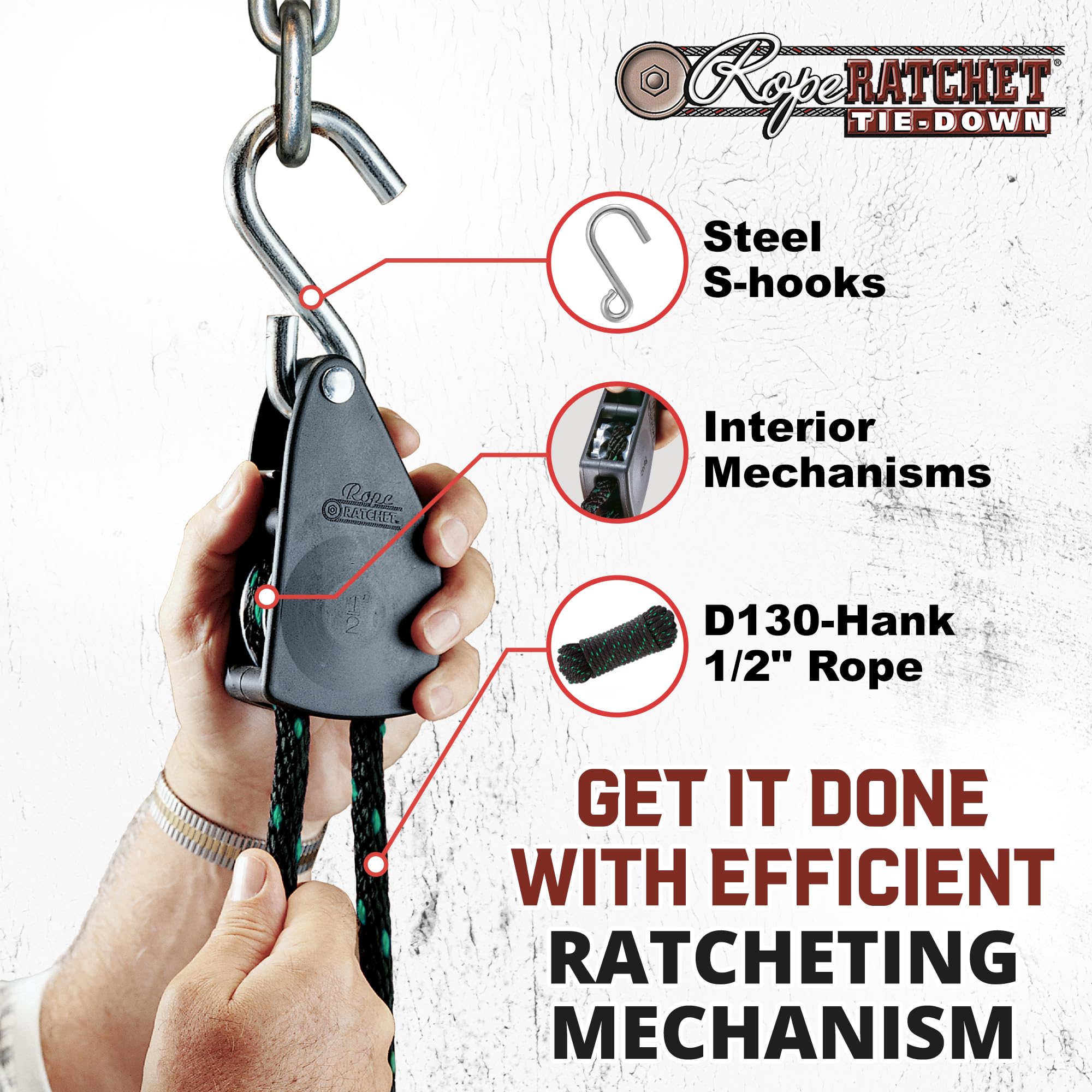 Rope Ratchet automatic locking and thumb release simplify tensioning.