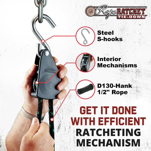 Rope Ratchet automatic locking and thumb release simplify tensioning.