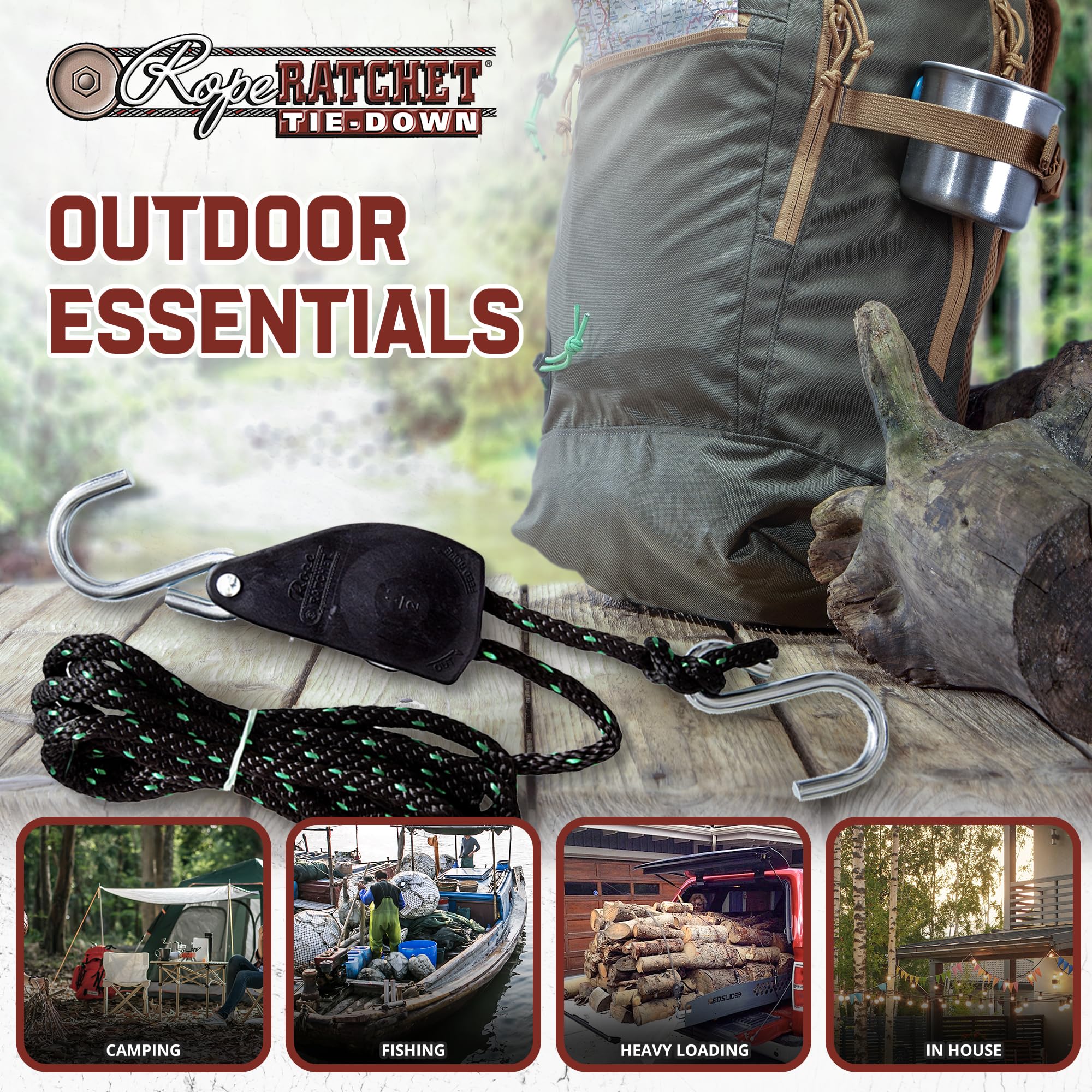 Rope Ratchet rugged system supports canopies and tarps in wind.