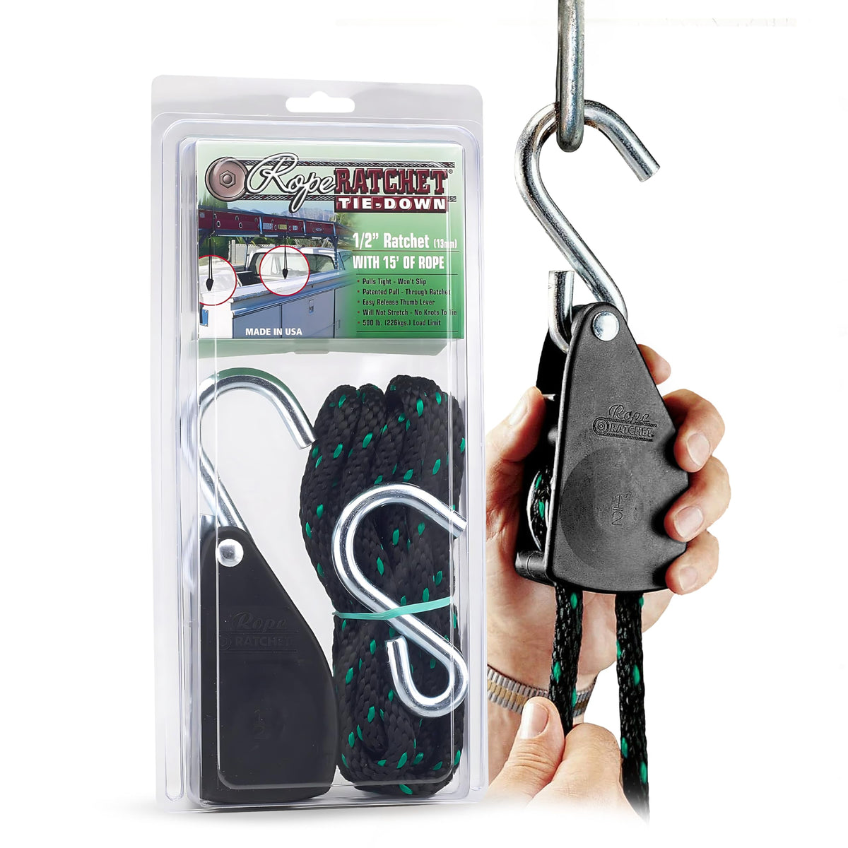 Rope Ratchet heavy-duty half inch hoist with locking pulley for secure loads.