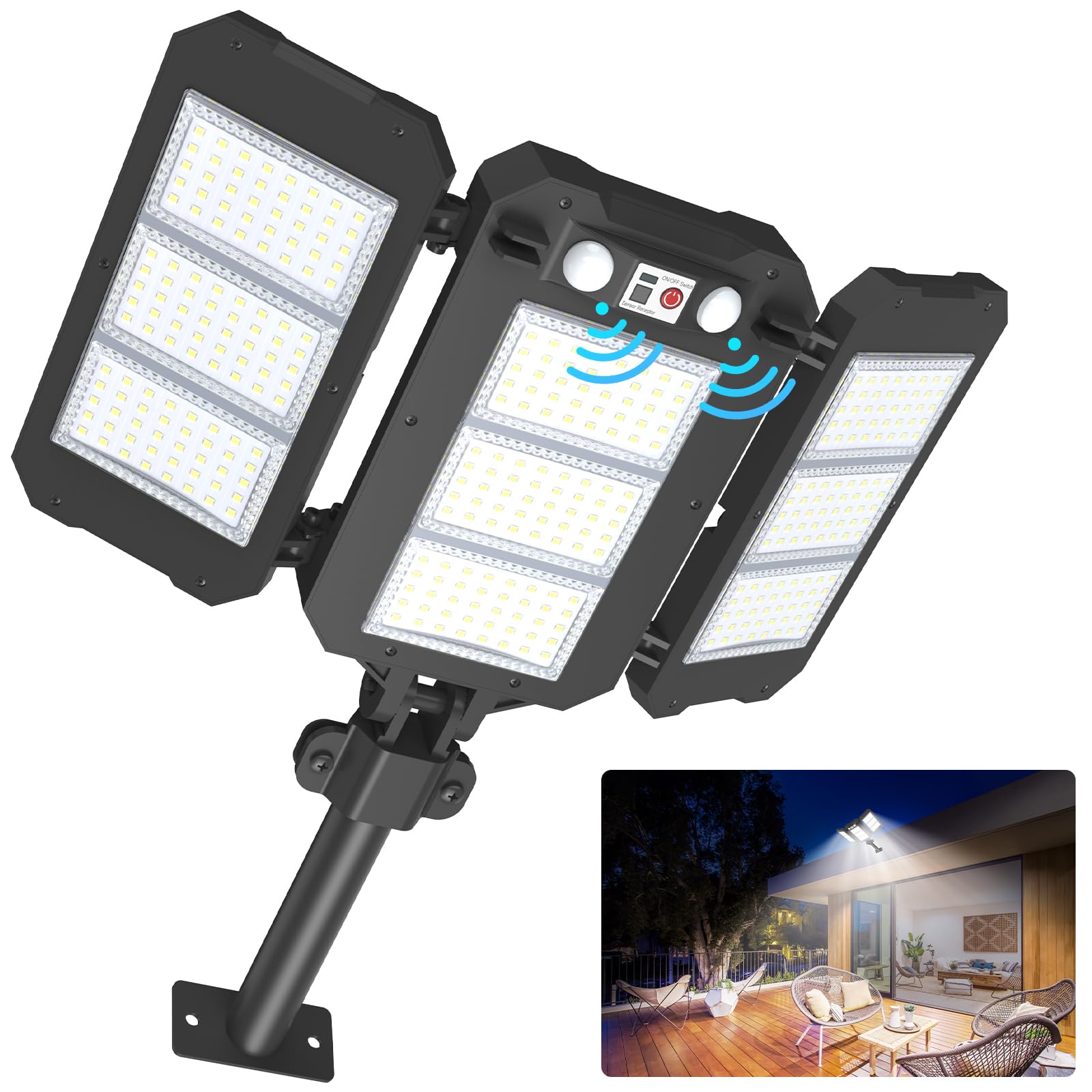 Ropelux solar flood light three-heads provides wide-area yard illumination.