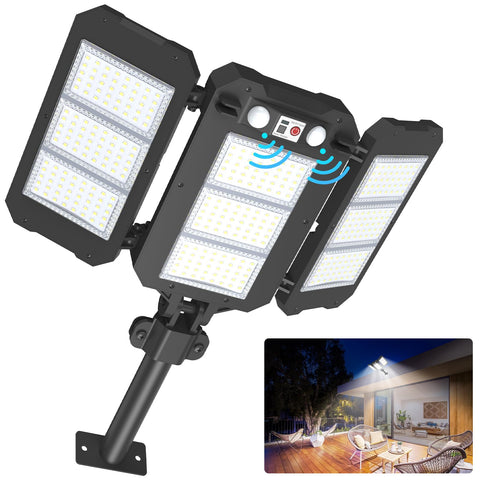 Ropelux solar flood light three-heads provides wide-area yard illumination.