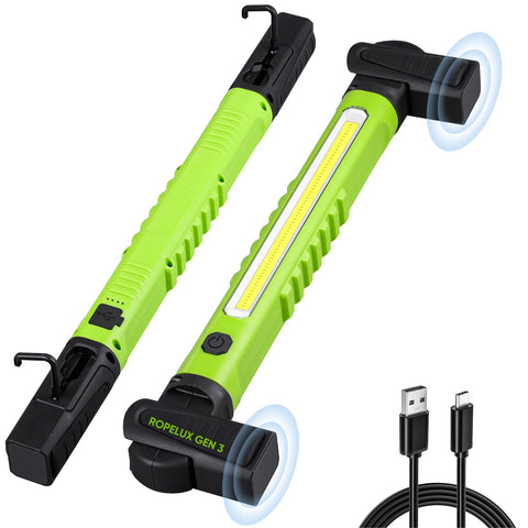 Ropelux Gen 3 work light mounted under car hood for bright, hands-free repairs.