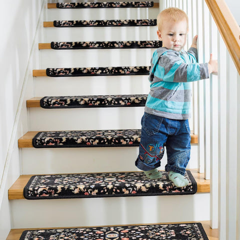 RORA Floral stair rug design adds warmth while reducing slips on wooden steps.