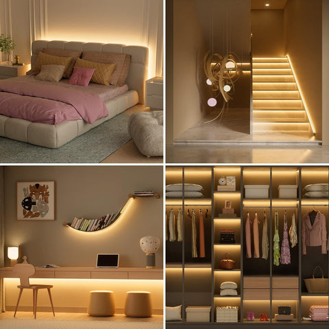 Roran living room LED strip adds ambient warm lighting.