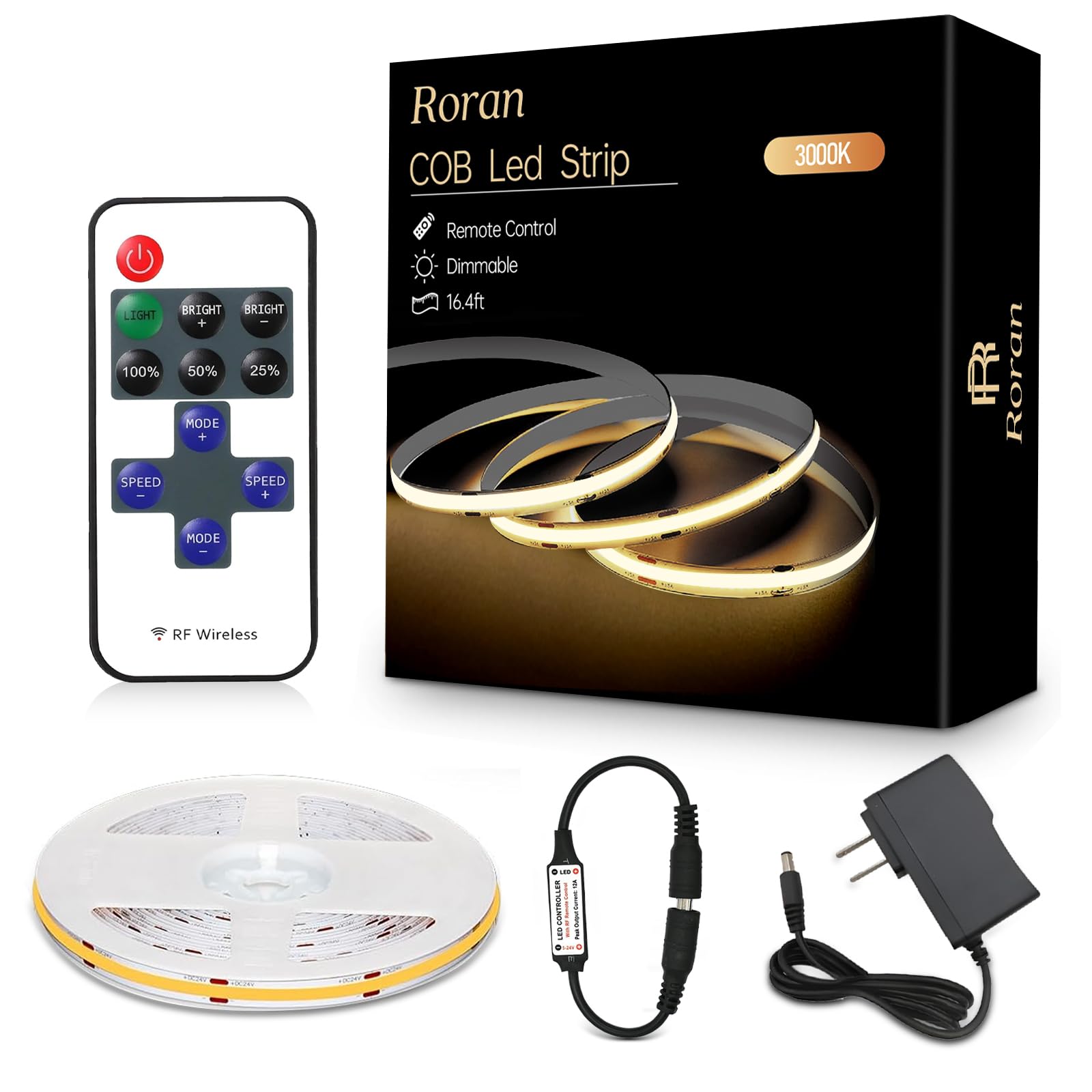 Roran White Cob LED strip with remote for easy brightness control.
