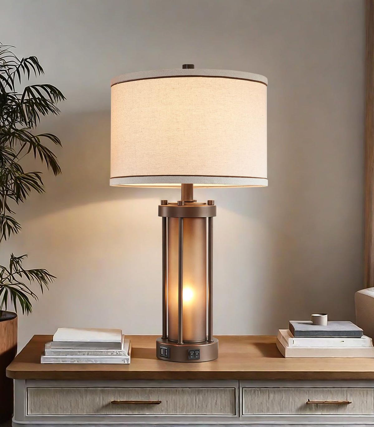 RORIA farmhouse table lamp with brown metal base adds rustic ambience to living rooms