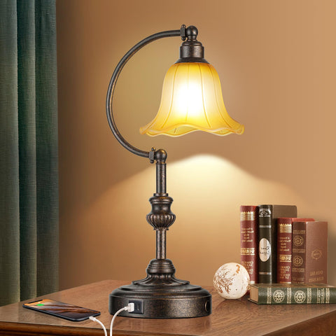 RORIA lamp with amber glass shade for warm bedside lighting