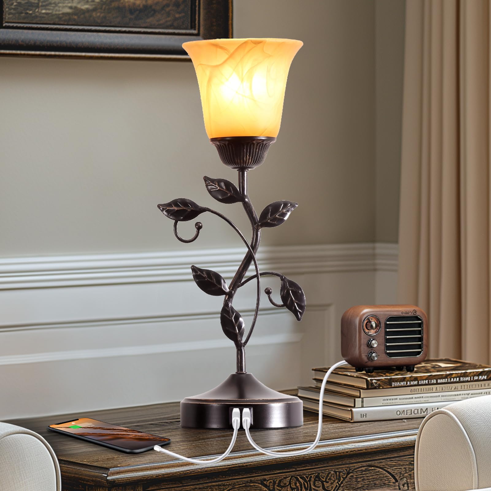 RORIANO vintage leaf and vine detail lamps with bronze base add classic charm.