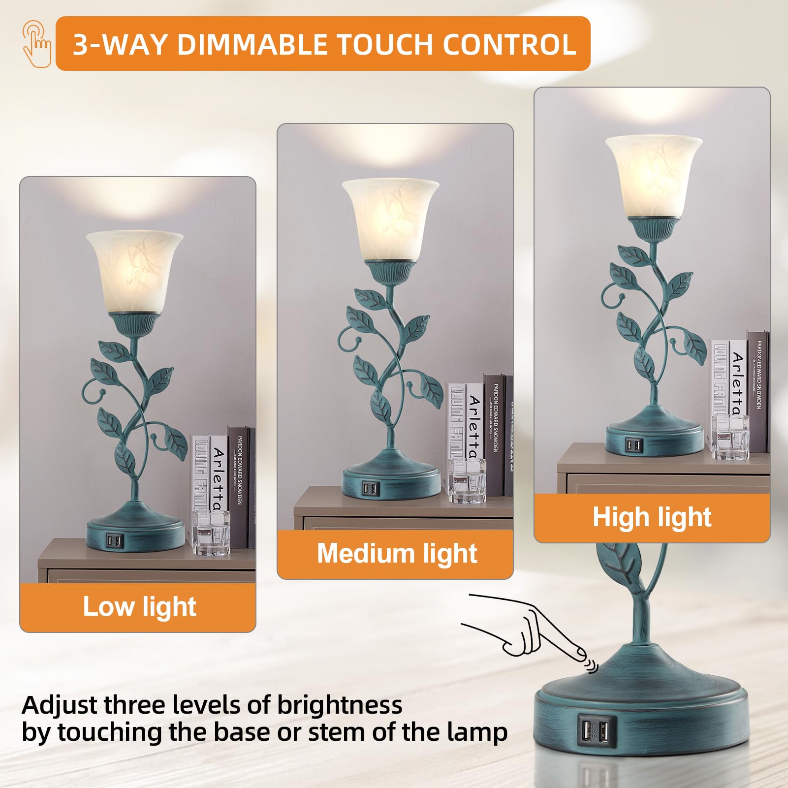 RORIANO vintage leaf table lamp USB ports enable convenient charging from bedside.