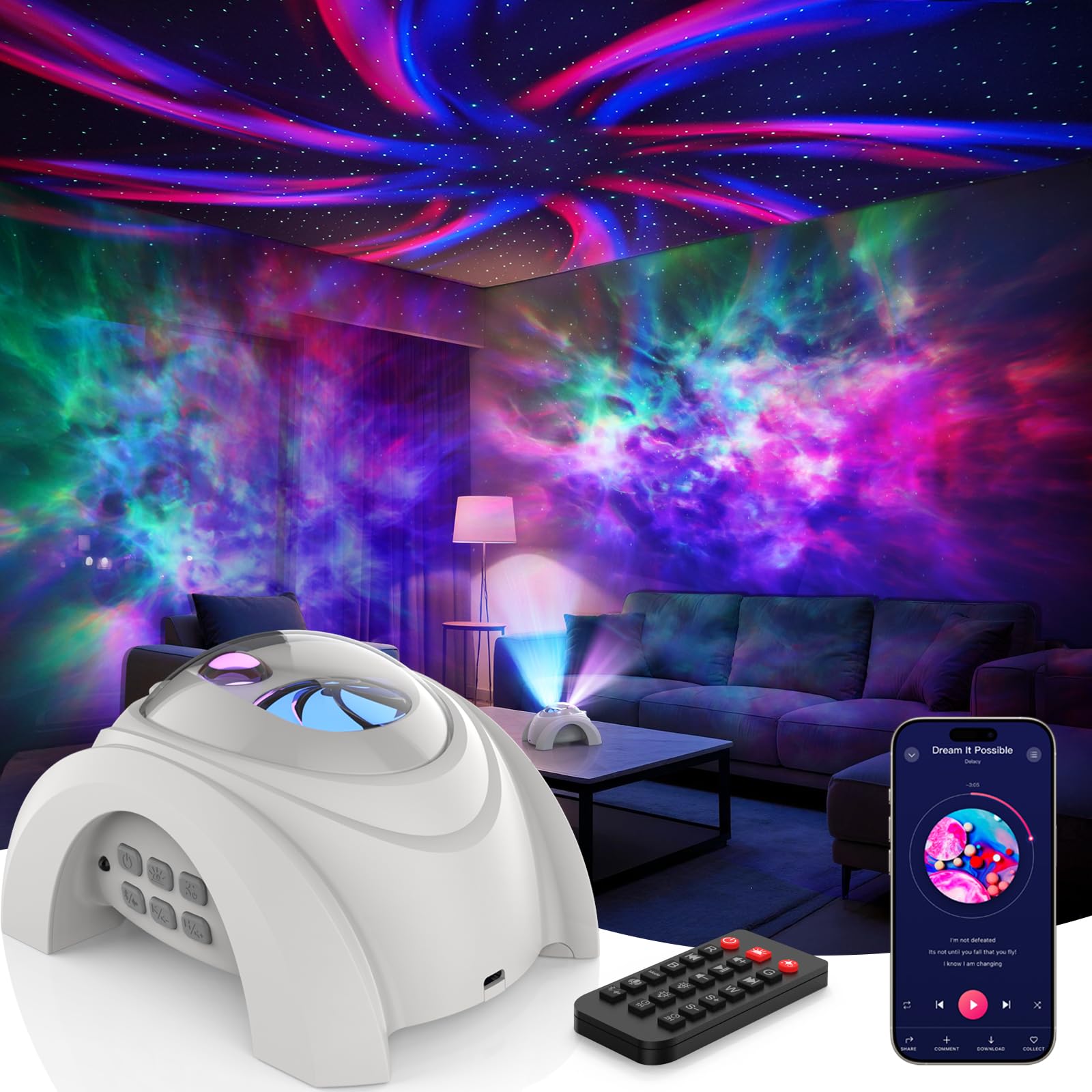 Rossetta dual-lens galaxy projector displaying vivid galaxy and aurora across walls.