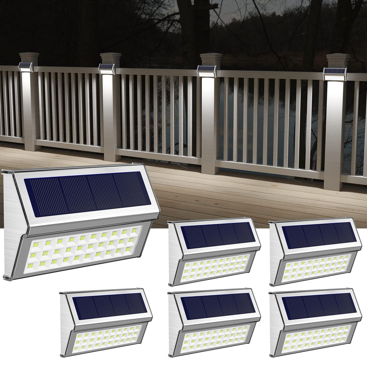 ROSHWEY solar lights outdoor 6-pack lighting walkways and steps at night.