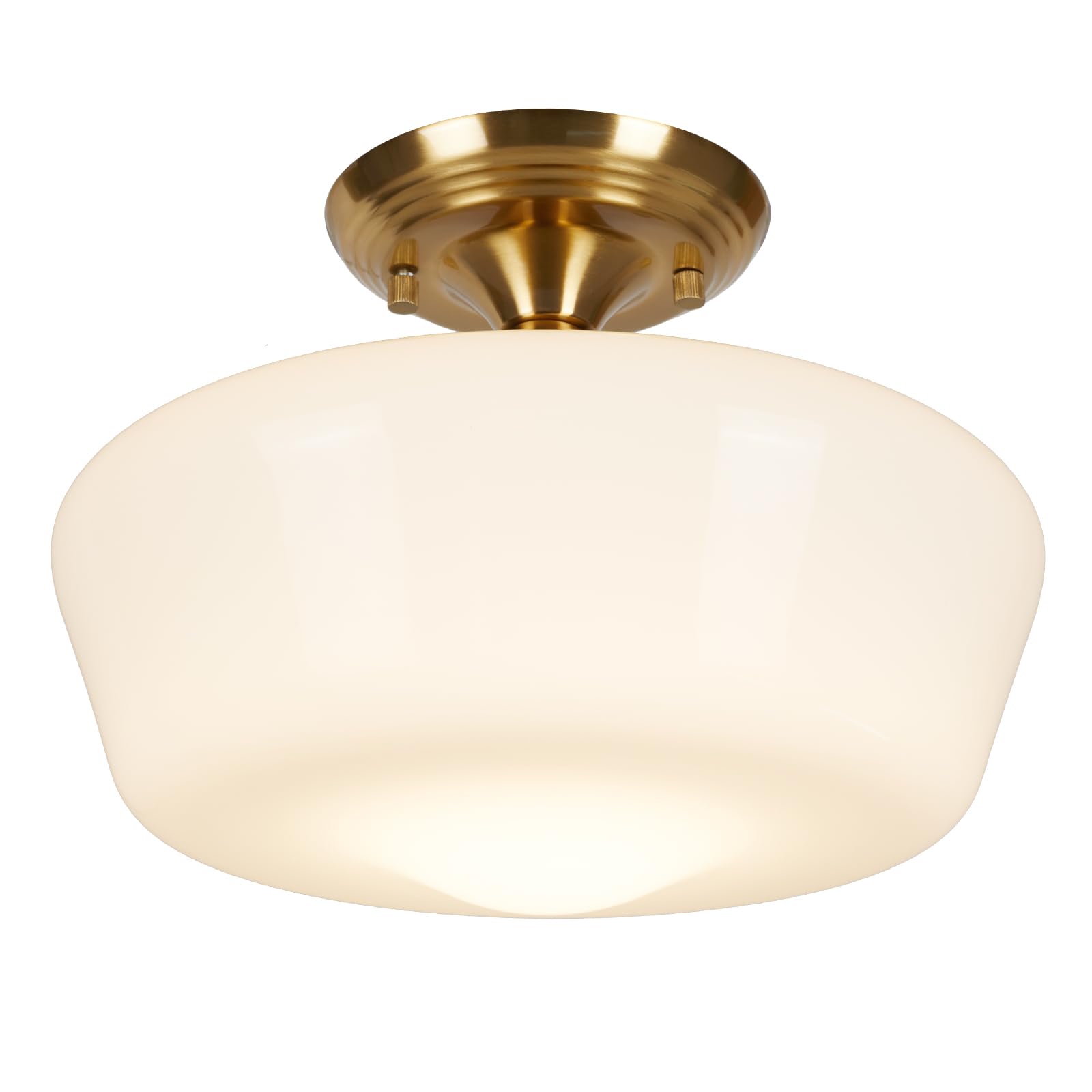 Rosient schoolhouse semi-flush with opal shade enhances hallway ambiance.