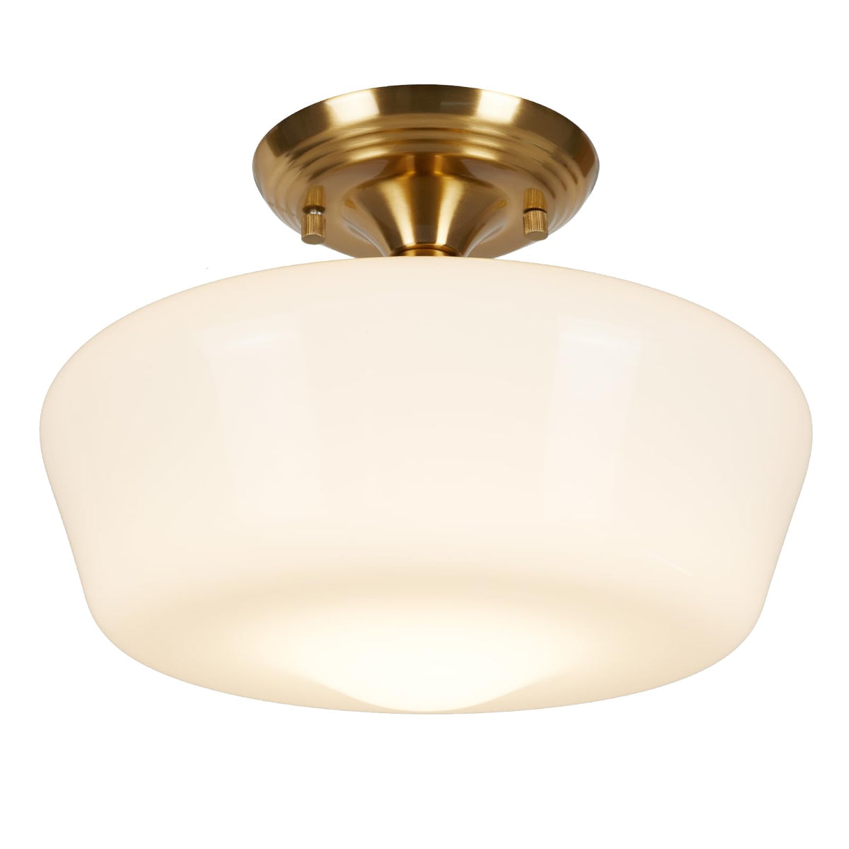 Rosient schoolhouse semi-flush with opal shade enhances hallway ambiance.