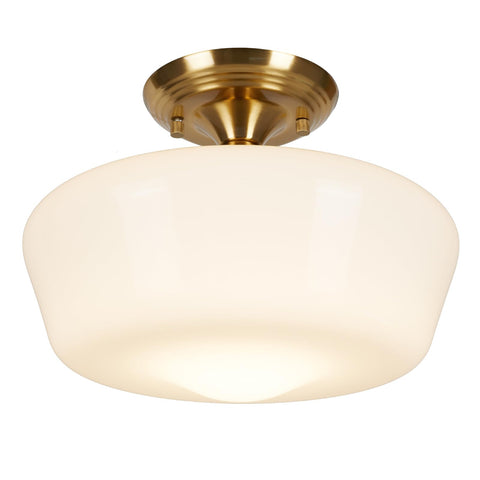 Rosient schoolhouse semi-flush with opal shade enhances hallway ambiance.