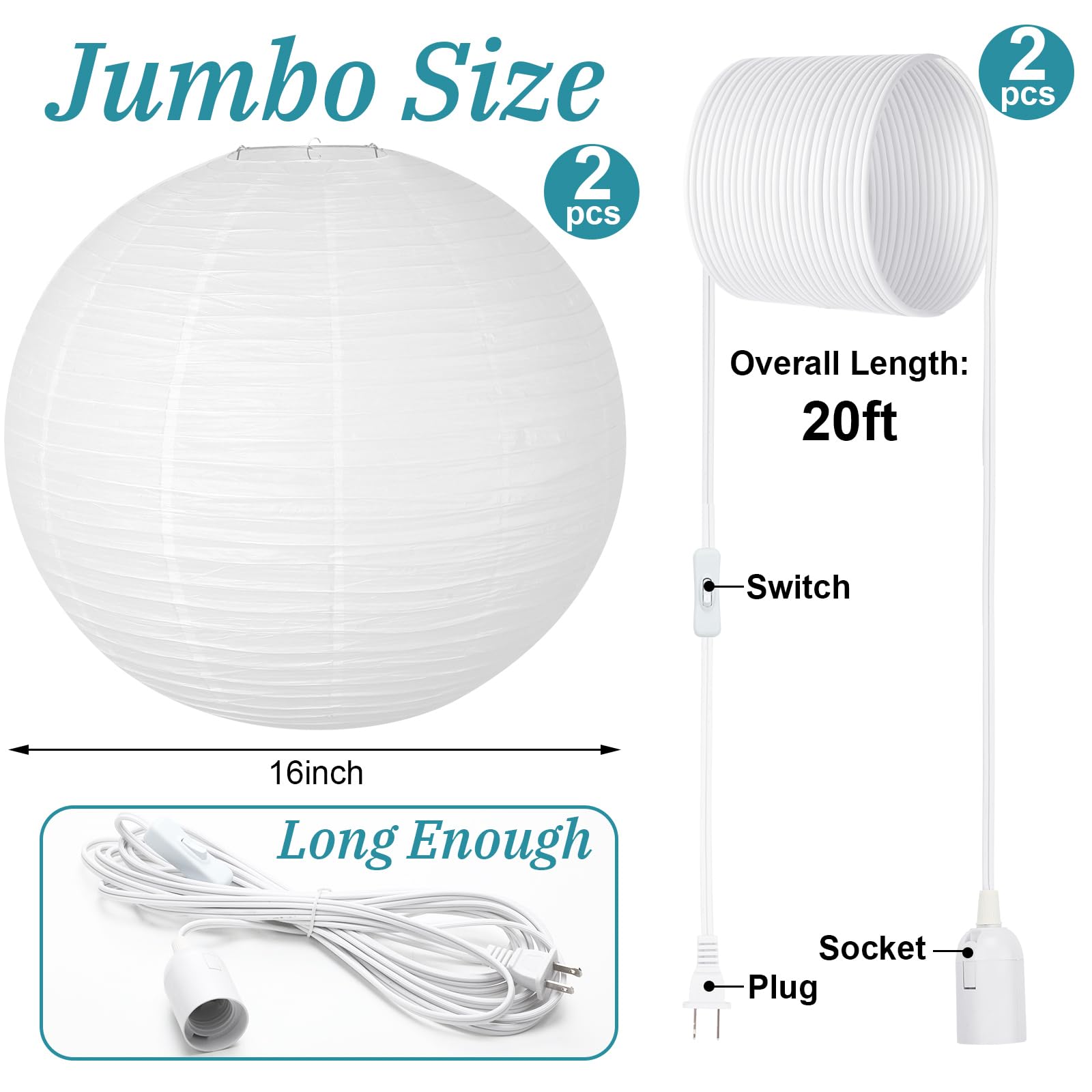 Rossesay lamp cords with switch, 20 ft, convenient control for indoor and outdoor lighting.