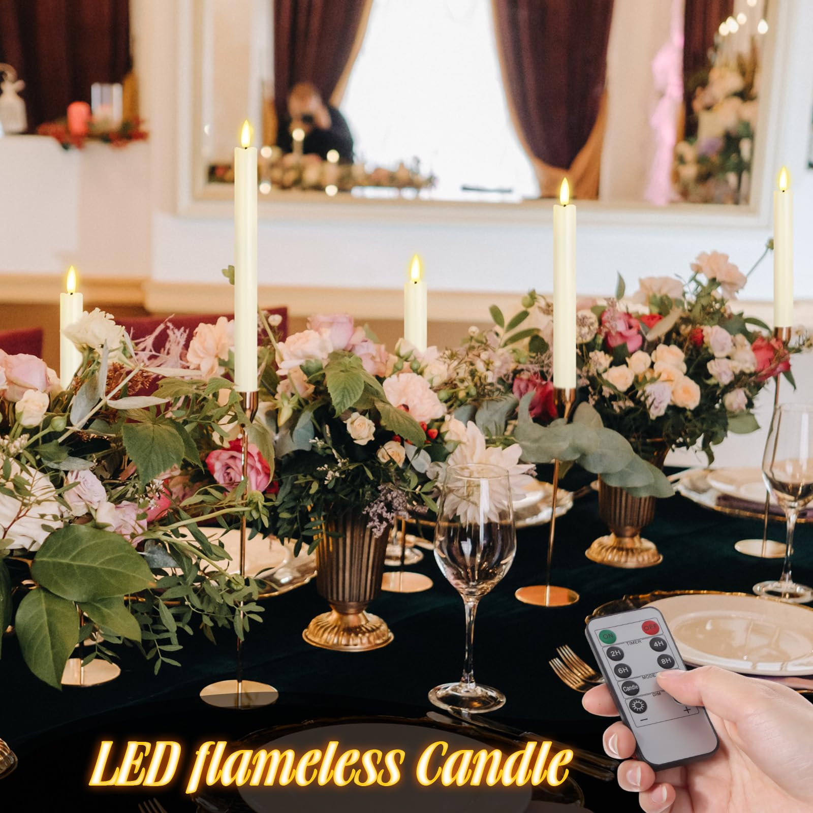 Rossesay flameless taper candles on dining table with warm light