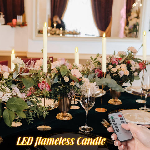Rossesay flameless taper candles on dining table with warm light