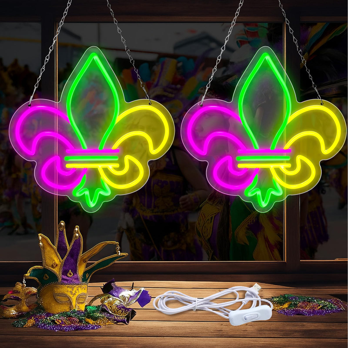 Rossesay Mardi Gras neon window fleur de lis in purple, green, yellow for festive ambiance.