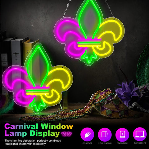 Rossesay Mardi Gras neon window fleur de lis 2 shows vibrant colors for indoor or outdoor charm.