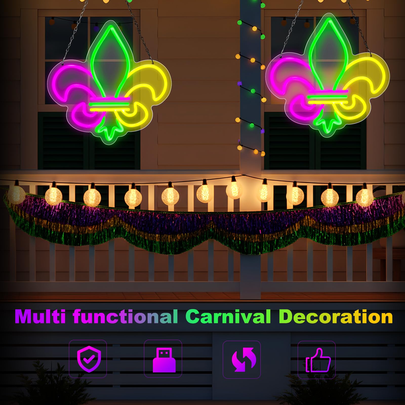 Rossesay Mardi Gras neon USB-powered decor for simple, battery-free setup.