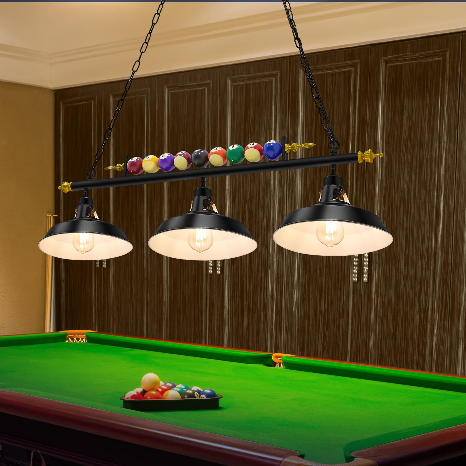 Rossesay pool table light with multicolor shades enhances game room ambiance.