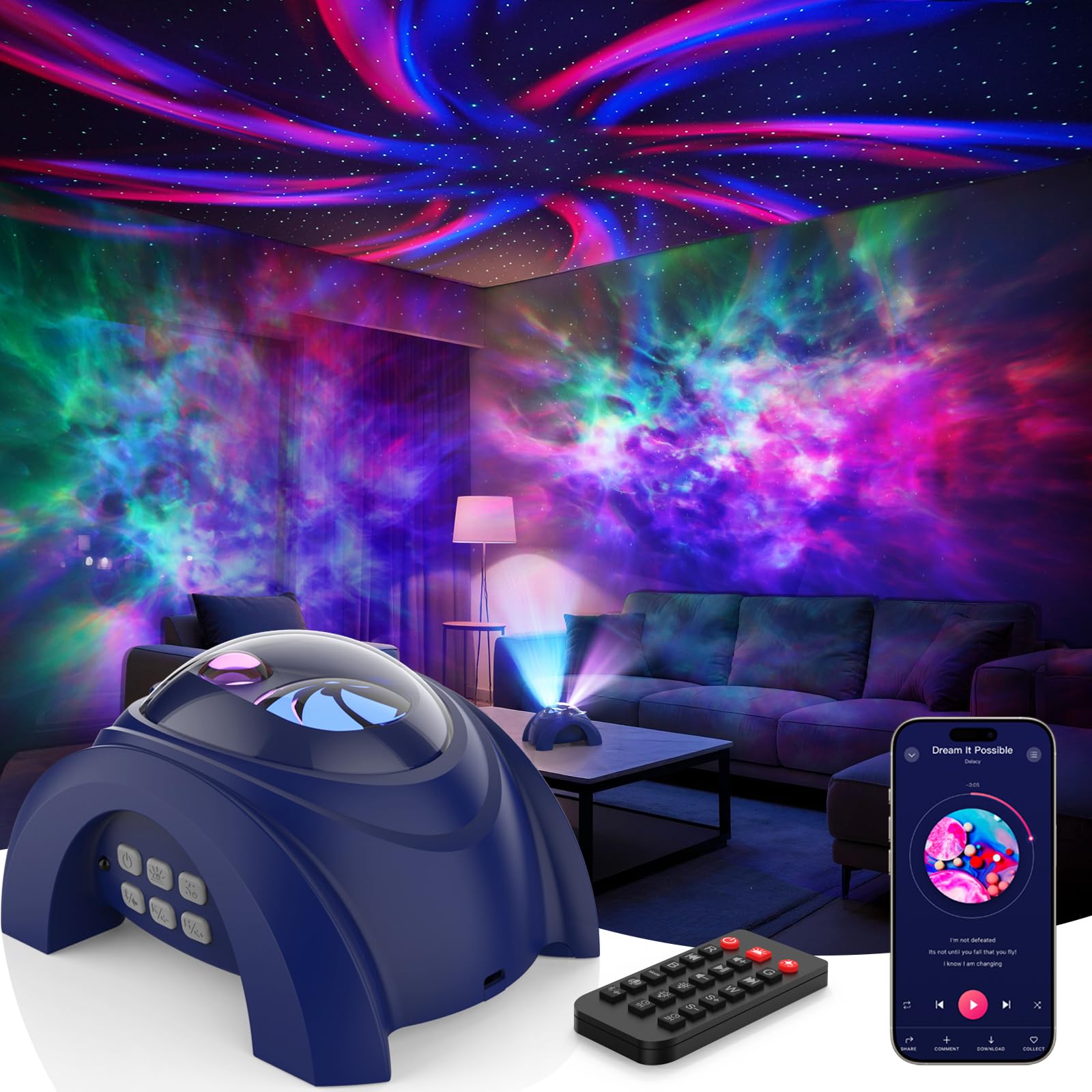 Rossetta dual-lens galaxy projector casts wall aurora visuals for a magical ambiance.