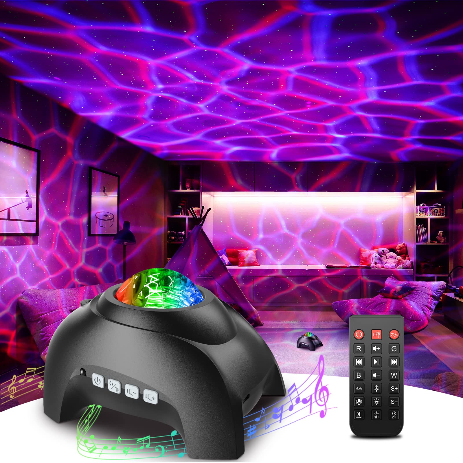 Rossetta Galaxy Projector front view, immersive starry ambience in a room