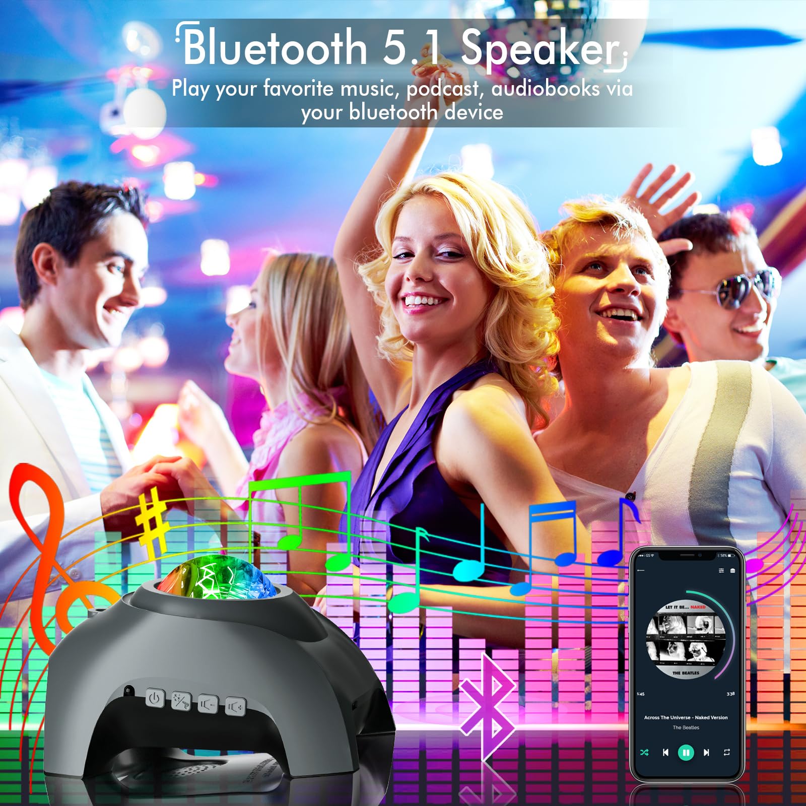 Rossetta Star Projector broadcasting music via built-in Bluetooth speaker