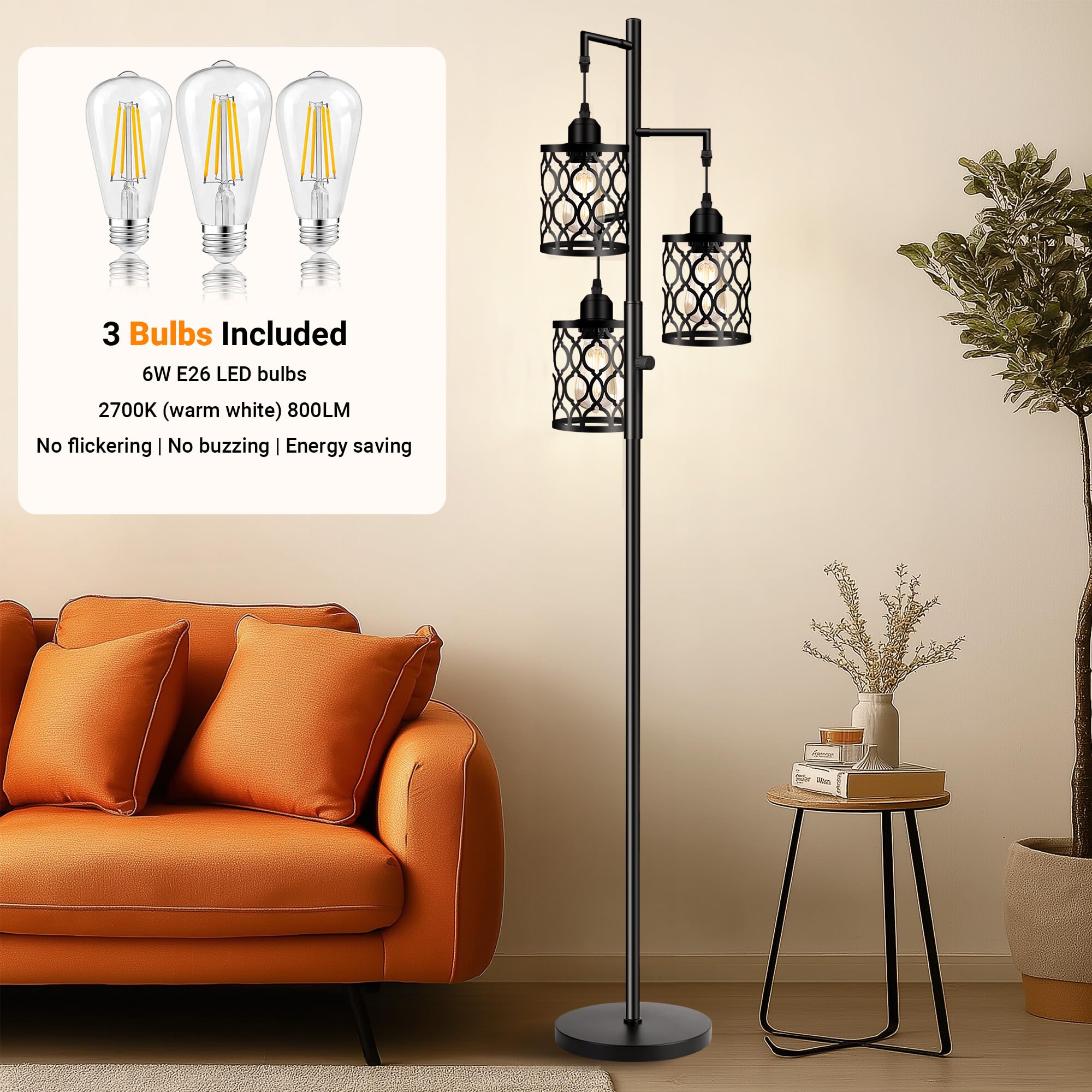 Three 6W LED bulbs provide 2000 lm warm light for cozy evenings.