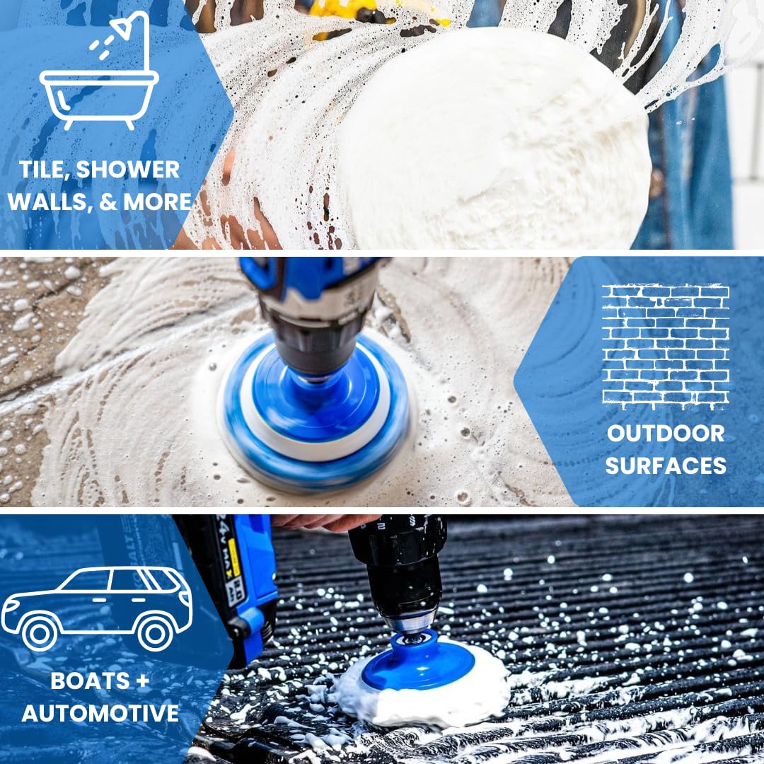 RotoScrub blue and white scrub pads for durable cleaning on multiple surfaces.
