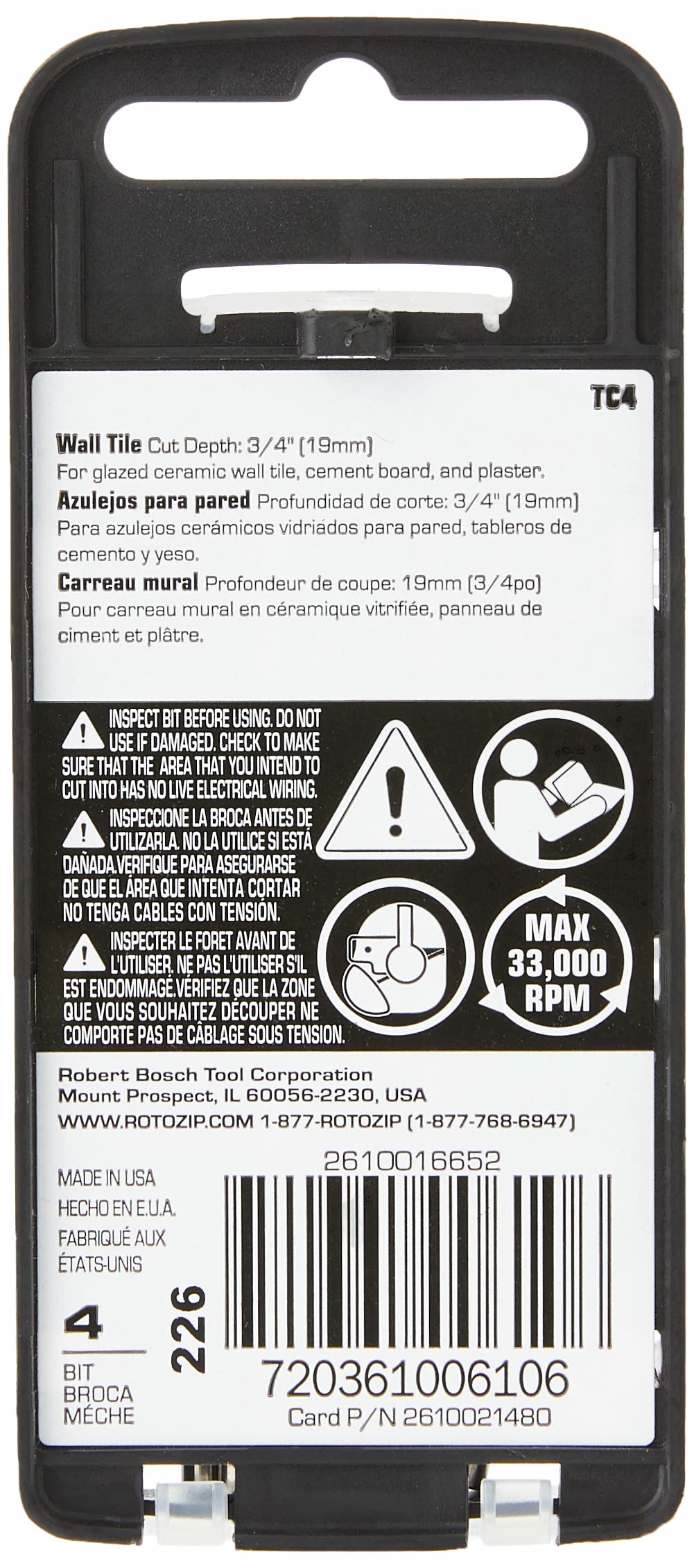 Four-pack TC4 bits for tiles and plaster cutting.