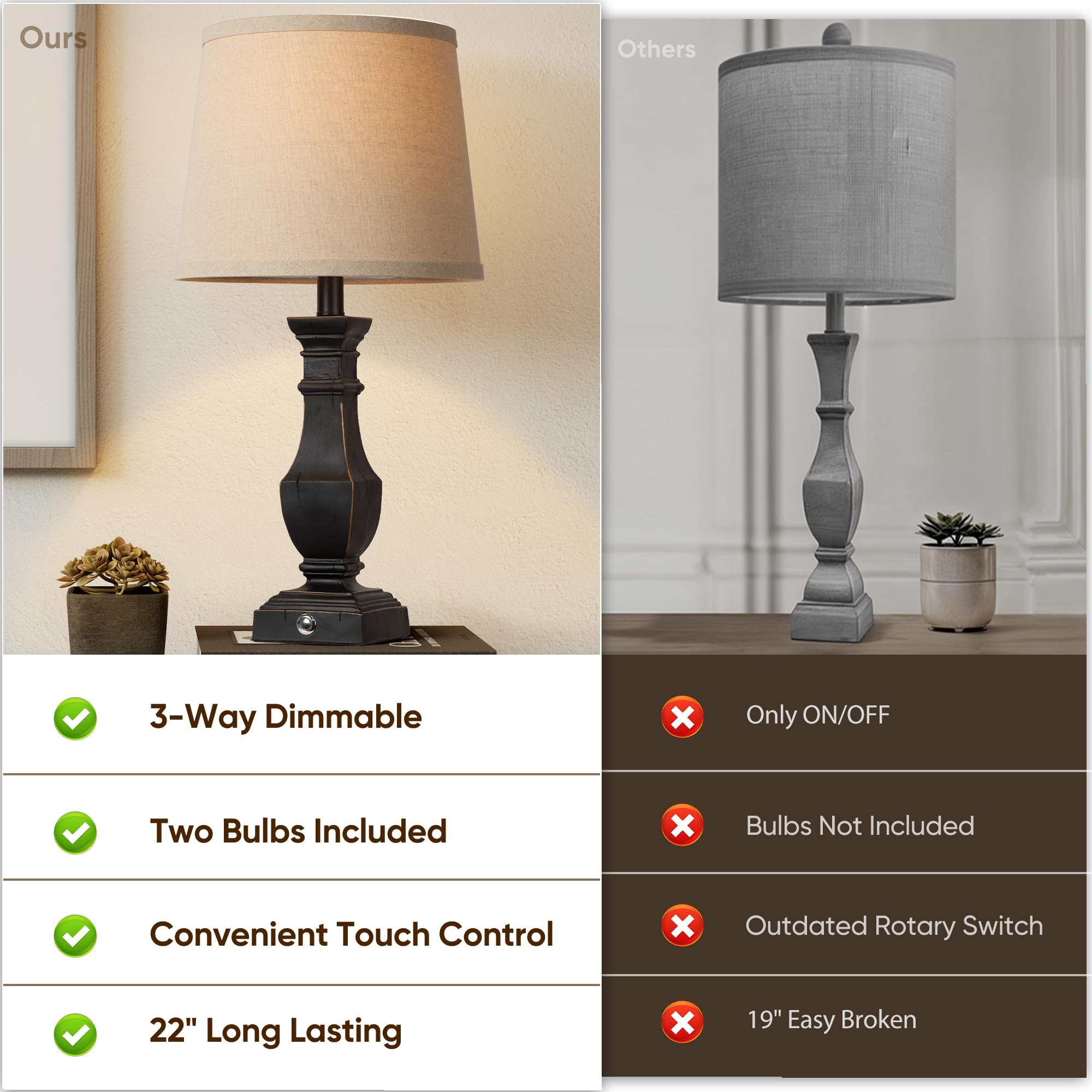 ROTTOGOON antique-finish lamps with beige shade for cozy farmhouse decor.