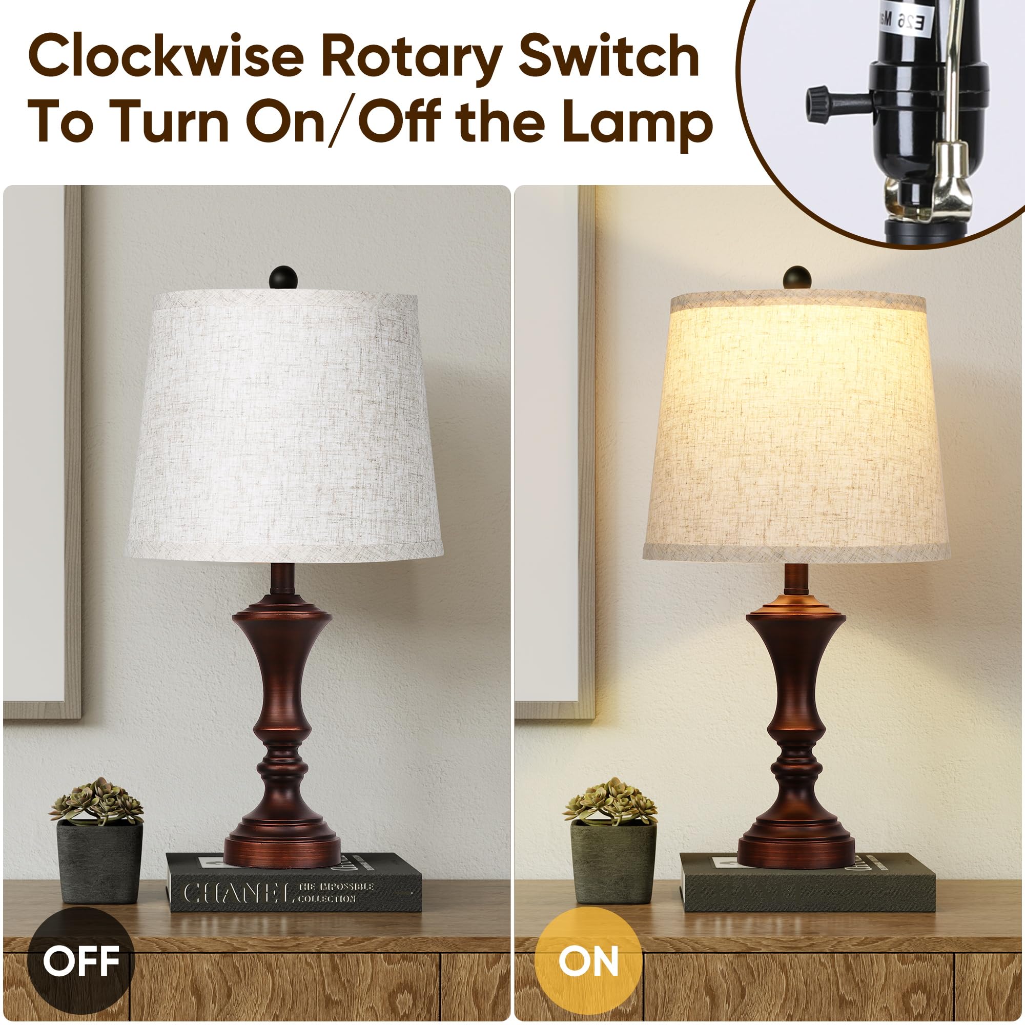 ROTTOGOON beige linen shade softens light for easy reading.