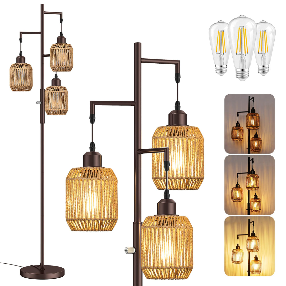 ROTTOGOON Dimmable Boho Floor Lamp with three light modules for flexible living room lighting