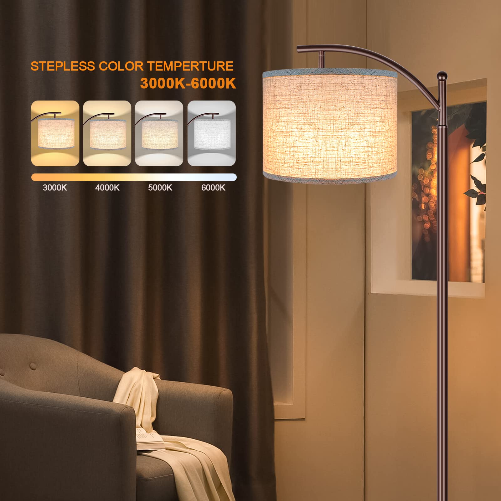 ROTTOGOON floor lamp showing four color temperature options for versatile tasks.