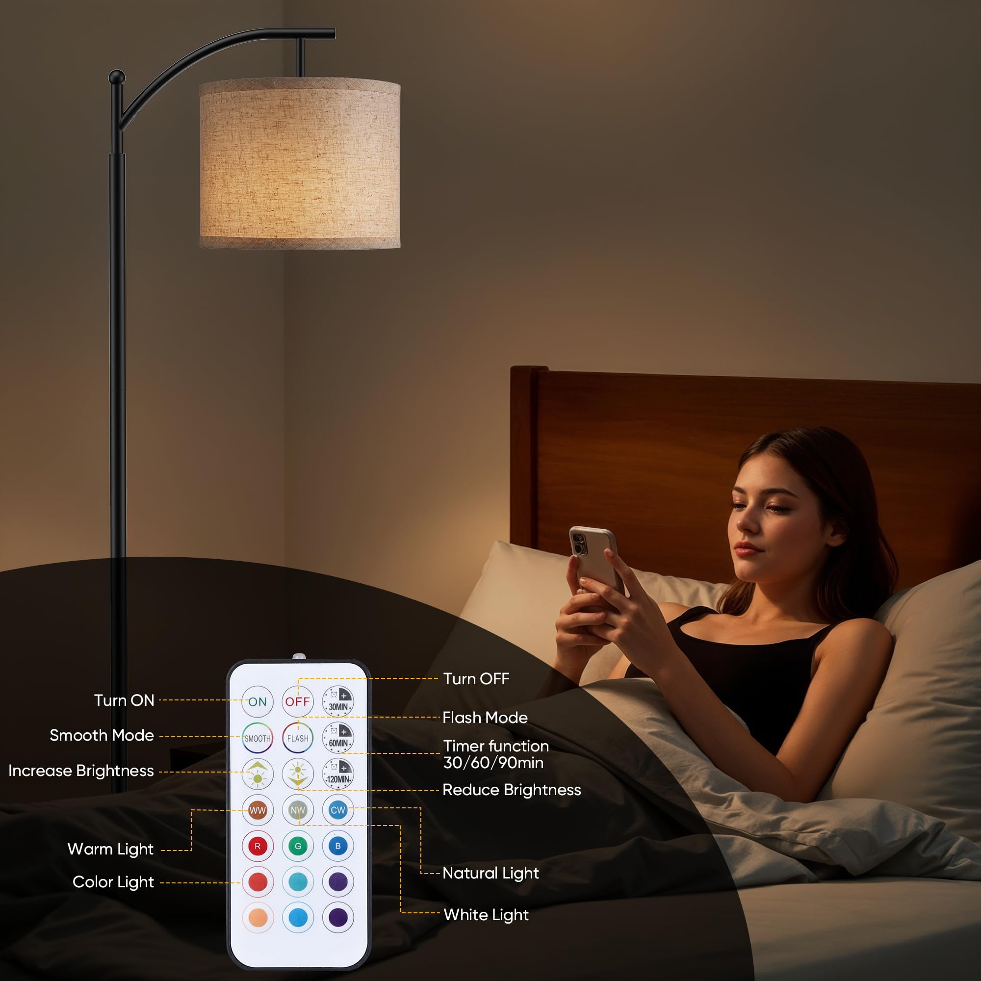 ROTTOGOON remote-control floor lamp offering convenient light adjustment from a distance.