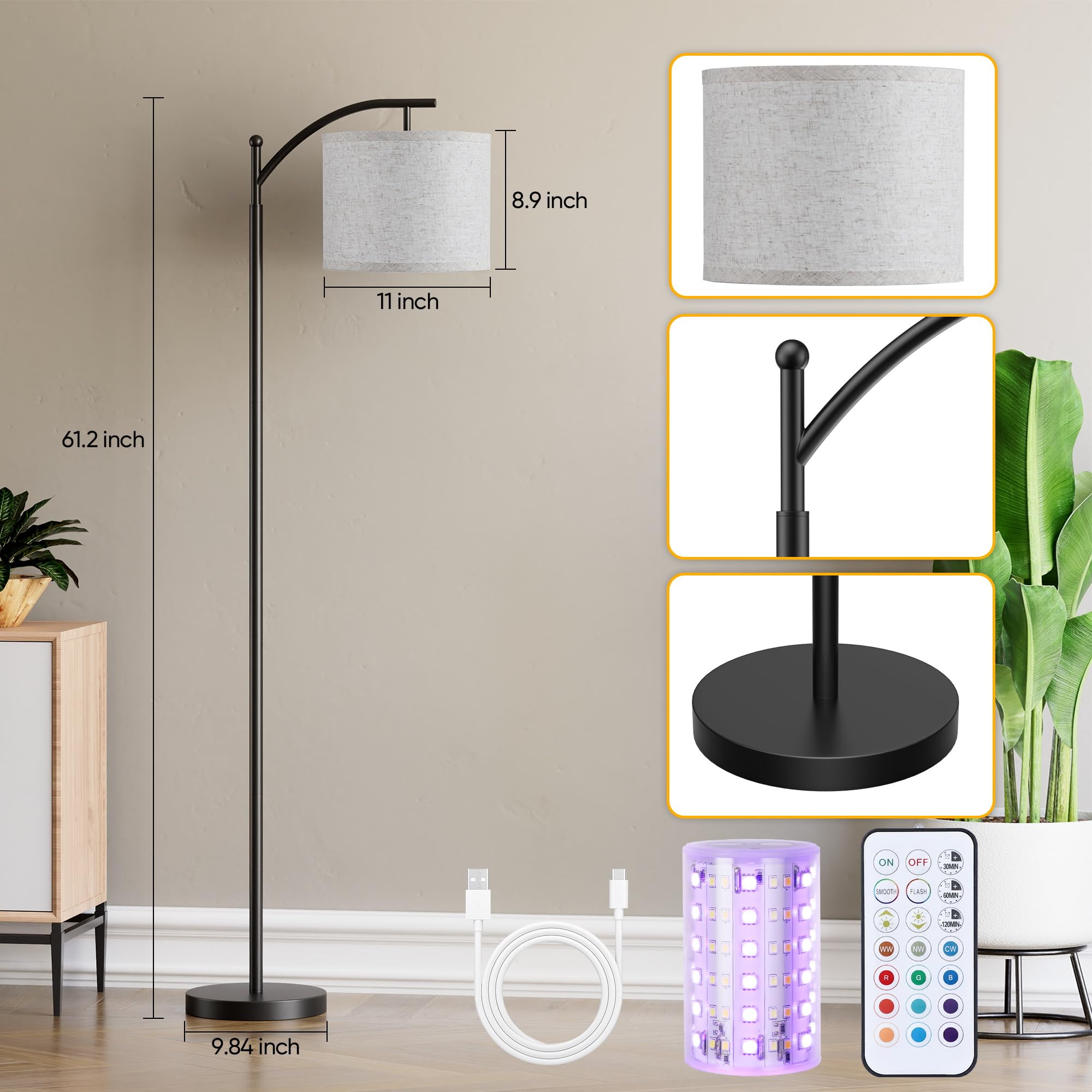 ROTTOGOON floor lamp with USB-C charging cable for easy recharging.