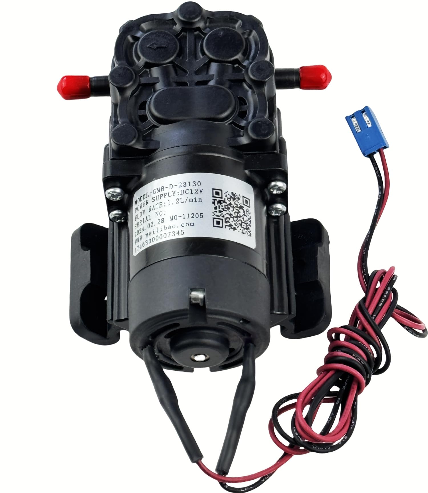 ROTWQ GMB-D-23130 water pump close-up showing compact DC 12V design for smooth dispensing