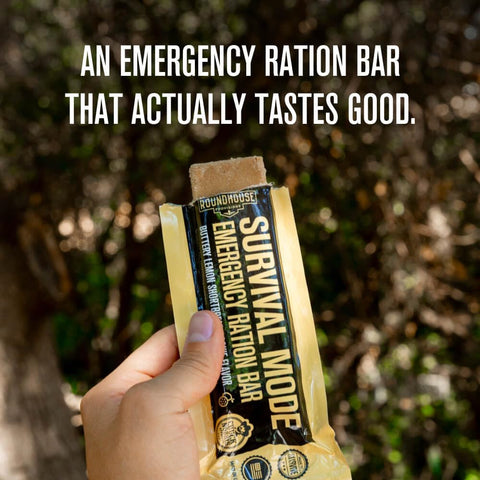 ROUNDHOUSE PROVISION emergency-kit-ready bar sits in a bag for on-the-go meals.