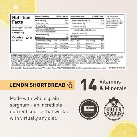 ROUNDHOUSE PROVISION lemon shortbread bar unwrapped shows energy-dense nutrition in a compact bar.