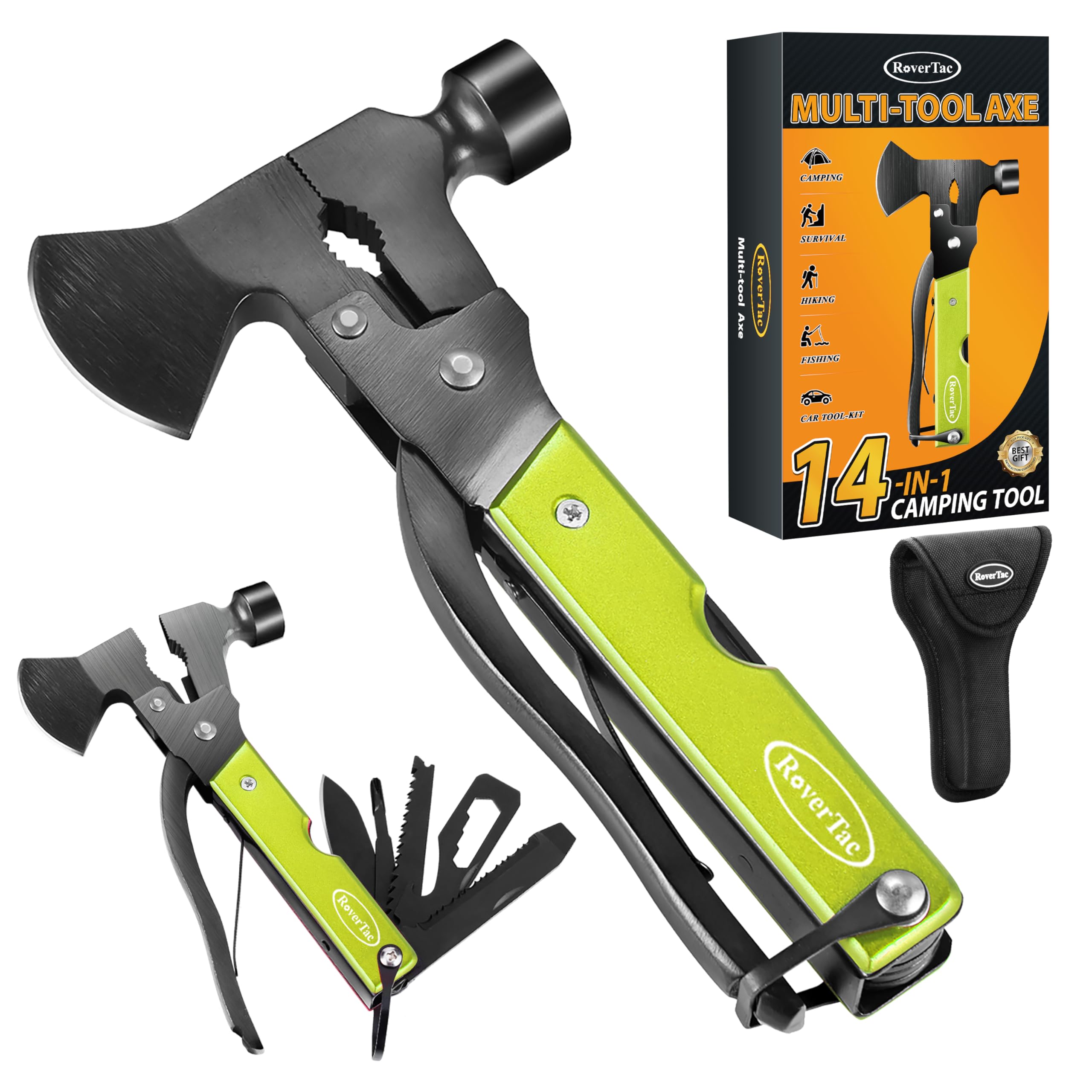 RoverTac 14-in-1 multitool axe close-up, rugged stainless steel for camping and DIY tasks