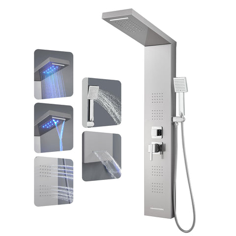 ROVOGO LED Shower Panel front view with brushed stainless finish and accessible controls